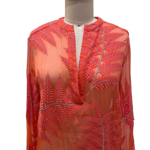 Alice & Olivia Sheer Silk Coral with Silver Pullover Blouse Tunic XS Cover up - Picture 5 of 8